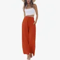 Élégant pantalon large en lin orange pour femme avec cordon de serrage à la taille - S / Rouge