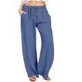 Pantalon large en lin bleu pour femme avec taille à cordon de serrage et poches latérales - 3XL / Bleu royal