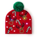 Red knitted Christmas beanie featuring LED glowing lights and festive reindeer patterns - Candy Cane & Deer Head Short Hat