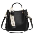 Stylish black leather bucket handbag for women with large capacity and ribbon strap - Black