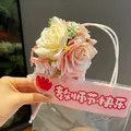 SKU view of artificial rose ballpoint pen with pink and cream flowers in gift bag. - Lace Bow Rose (Pink)