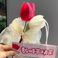 Elegant red and white artificial tulip flower ballpoint pen with organza bow for teacher gift - Tulip (Red & White)