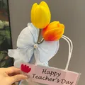 Elegant tulip-shaped ballpoint pen set with blue bow and pearl decor for teacher gift - Tulip (Yellow & Orange)