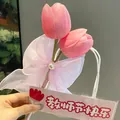 Pink double tulip artificial flower ballpoint pen with ribbon bow, ideal gift for teachers - Tulip (Pink)