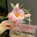 Elegant artificial pink tulip ballpoint pen presented in clear gift packaging with bow - Princess Shirley Flower Pen (Pink)