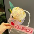Elegant cream artificial rose ballpoint pen with a decorative pink bow for gift giving - Peony Pen (Creamy Yellow)
