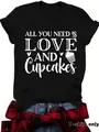 Zwart casual T-shirt met ronde hals en korte mouwen met 'All You Need Is Love and Cupcakes' - S / Zwart