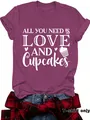 Women's maroon T-shirt with 'Love and Cupcakes' print and round neck - Wine Red