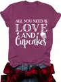 Women's maroon T-shirt with 'Love and Cupcakes' print and round neck - Wine Red