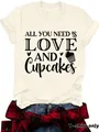Detail view of cream T-shirt with 'Love and Cupcakes' graphic print. - Apricot
