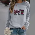 Casual grey long sleeve sweatshirt featuring Peace Love Coffee leopard graphic print - S / Gray