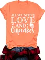 Women's orange T-shirt with white 'Love and Cupcakes' graphic print - Heather Orange