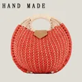 Stylish round paper rope woven handbag with circular handle in orange-red finish - Standard Type / Red