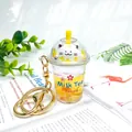 Cute sakura cat milk tea cup keychain with liquid oil and golden lobster clasp charm - Sakura Cat Yellow