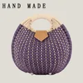 Purple and beige shell-shaped woven paper rope handbag with round handle - Standard Type / Purple
