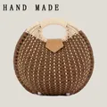 Handmade brown round woven paper rope handbag with circular cream handle detail - Standard Type / Dark Brown