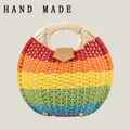 Rainbow striped circular woven handbag with beige handles and leather closure - Standard Type / Red Yellow Blue