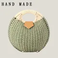 Handmade round green paper rope woven handbag with circular handle and brown flap - Upgraded Handle / Army Green