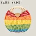 Handmade vibrant rainbow paper rope woven circular handbag for stylish summer casual wear - Upgraded Handle / Red Yellow Blue