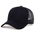 Detailed side profile of a classic black trucker hat with breathable mesh back panels - Black