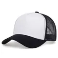 Close-up view of a classic retro black and white mesh trucker hat for sun protection - Black and White
