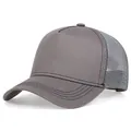 Close-up of a plain grey trucker hat with breathable mesh back and solid front panels. - Gray