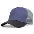 Retro blank trucker hat with blue front panel and grey mesh back for sun protection - Blue Gray