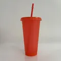Close-up of a 24oz red glitter plastic tumbler with a matching straw. - 24OZ/710ML / Red (Glitter)