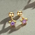 Close-up of gold screw-back stud earrings featuring purple star crystals on stone surface. - Purple Rhinestone Star Stud Earring (Gold Tone)