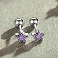 Detail of purple star-shaped screw back earrings crafted in polished stainless steel - Purple Rhinestone Star Stud Earring (Silver Tone)
