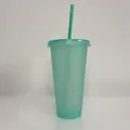 Detailed view of a 24oz green glitter plastic straw cup featuring a matching lid and straw - 24OZ/710ML / Lake Green (Glitter)