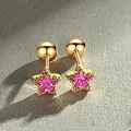 Close-up of gold screw-back stud earrings with pink star-shaped crystals for women. - Rose Red Rhinestone Star Stud Earring (Gold Tone)