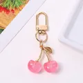 Cute sparkly pink 3D cherry fruit keychain with gold metal leaf and lobster clasp - KC Gold Pink