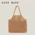 Handmade cotton woven mesh tote bag with hollow out design for summer beach - Camel