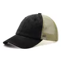Side view detail of a vintage style washed black cotton and khaki mesh back trucker hat - Black