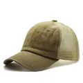 Detailed side view of khaki distressed washed cotton trucker hat with mesh back - Khaki