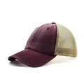 Detailed side view of a vintage washed cotton trucker hat with breathable mesh back - Adjustable / Burgundy