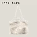 Handmade cotton crochet mesh tote bag in cream white for summer beach vacation. - White