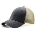 A detailed side view of a distressed charcoal cotton and beige mesh trucker cap - Adjustable / Light Gray