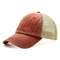 Close-up side view of a vintage distressed washed cotton mesh back baseball cap. - Adjustable / Orange Red