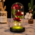 Roses rouges éternelles dans un dôme en verre avec guirlande LED pour cadeau romantique - Cloche en Verre / Base Noire Fleur Rouge + Pelouse