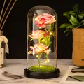 Elegant triple artificial rose in a glass dome with LED lights for Valentine's gift - Black Base Pink Flower + Lawn