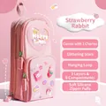 Cute pink large capacity pencil case with strawberry rabbit patches - Pink - Strawberry Rabbit