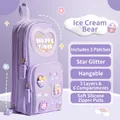 Large purple backpack-style pencil case with 3 layers and cute bear patches for kids - Purple - Ice Cream Bear