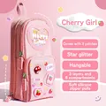 Pink strawberry themed high-capacity pencil case with three layers and multiple compartments - Pink - Cherry Girl