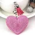 Sparkling pink rhinestone heart keychain with soft leather tassel bag charm accessory - Silver + Pink