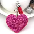 Sparkly pink rhinestone heart keychain with red tassel and small silver bell pendant - Silver + Rose Red