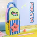 Cute pink star large capacity portable pencil case with handle and multi-layer storage - Blue-Pink Stripe - Pink Star