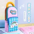 Rainbow cloud pink backpack-shaped pencil case with blue gingham pattern - Blue Plaid - Rainbow