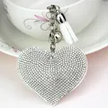 Elegant sparkling rhinestone heart keychain with white tassel bag charm - Silver + White Base White Rhinestone